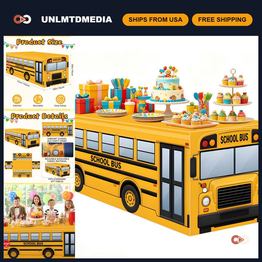 6FT Yellow Bus Print Tablecloth - Washable Fabric Cover for Kids' Classroom, Tea